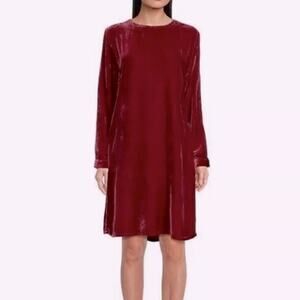 NWT Eileen Fisher Ruby easy fit crew neck knee length silk velvet dress, M